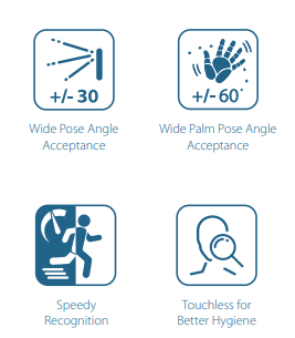 eSSL Jupiter brochure illustration showing face pose, palm pose, recognition speed and touchless use